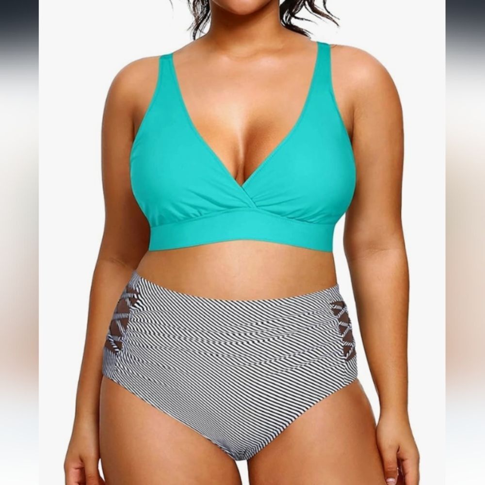 Yonique Teal & Black/White Strip High Waisted Two Piece Swimsuit Size 16 NWOT